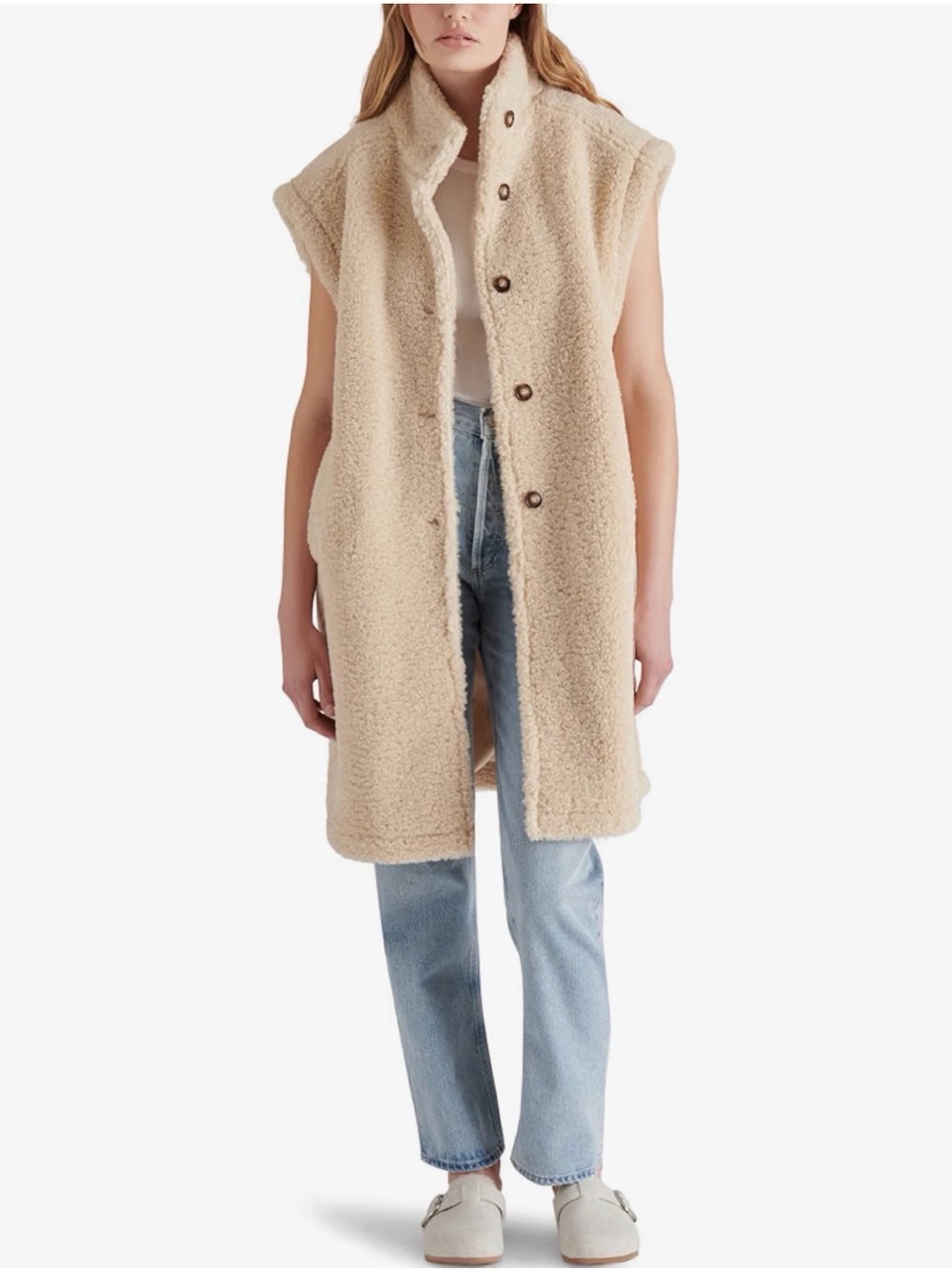 Steve Madden Sleeveless Teddy Long Benit Vest - Cream